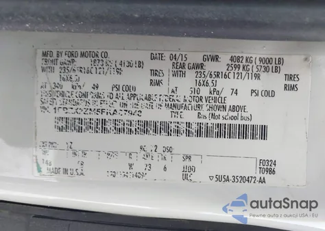 2015 Ford Transit-350 Xlt z USA, uszkodzony, nr VIN 1FBZX2ZM5FKA87948